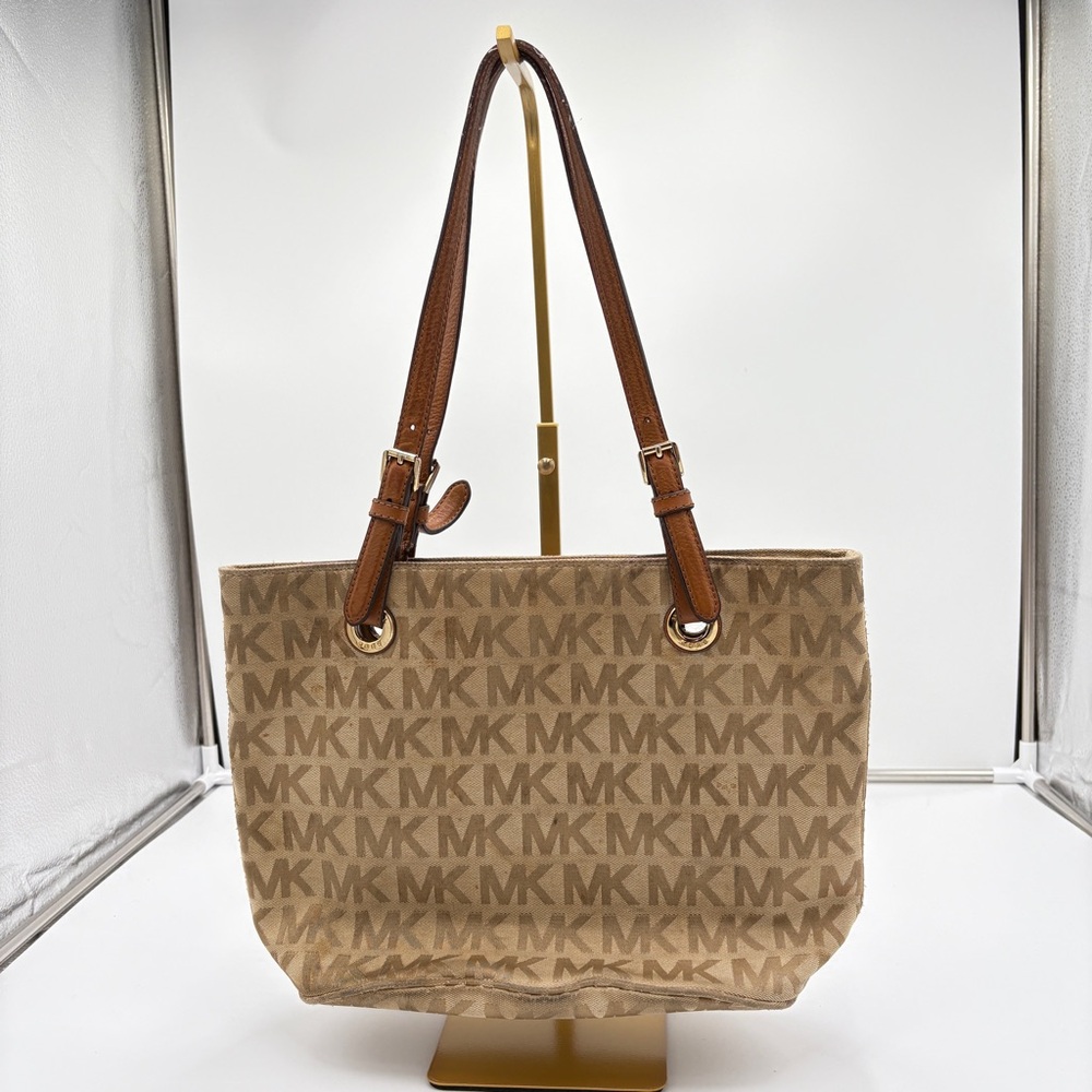 Michael Kor Jet Set Jacquard MK Signature Monogram Tan Tote Purse Canvas Leather